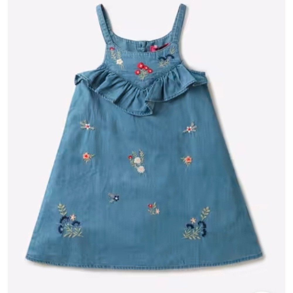 Next Girls Blue Denim Floral Embroidered Ruffle Dress 1.5-2 Years 92cm